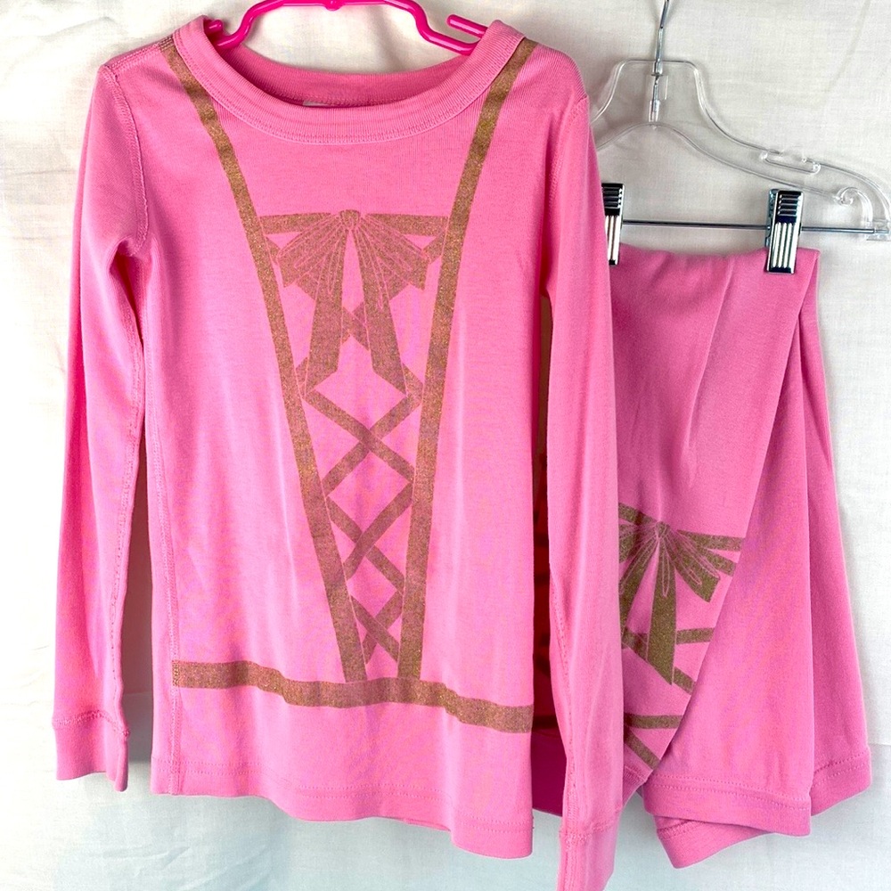 Hanna Anderson Girls Pajama Set size US 6-7 Long Sleeve All Cotton Pink & Silver